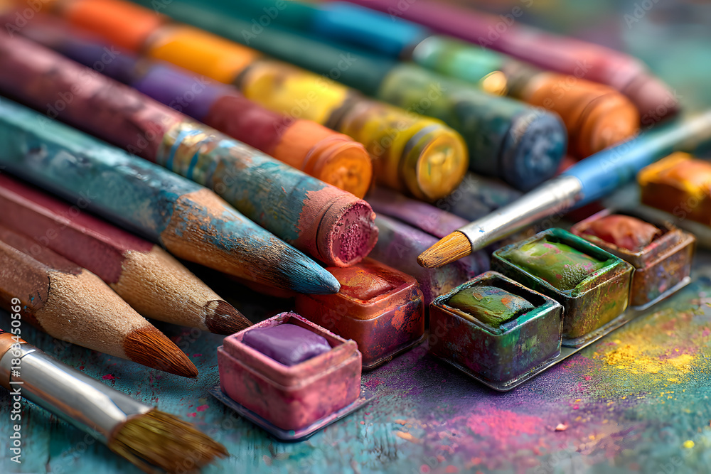 Naklejka premium Art therapy materials scattered colorful background with empty space for text