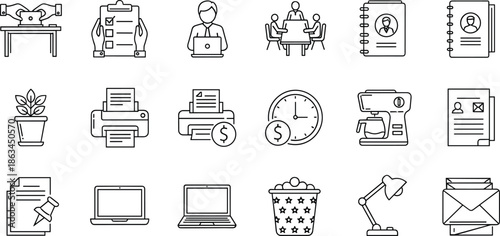 Minimal outline office work and productivity icons set, business workflow communication finance documents symbols, modern thin line vector illustration