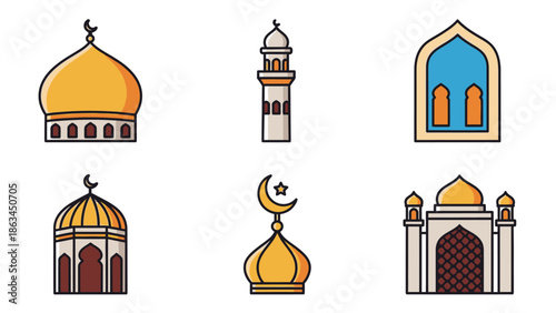 Illustrated collection of traditional Islamic mosque designs, featuring elegant domes and minarets, perfect for celebrating Ramadan, Eid, and cultural festivities