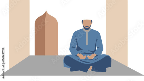 Illustrative depiction of a Muslim man in prayer during the holy month of Ramadan, seated in a mosque, symbolizing faith and devotion