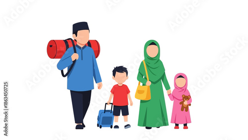 A Muslim family, dressed in traditional attire, embarks on a journey during Ramadan, carrying luggage and a sleeping bag, symbolizing travel and spiritual observance