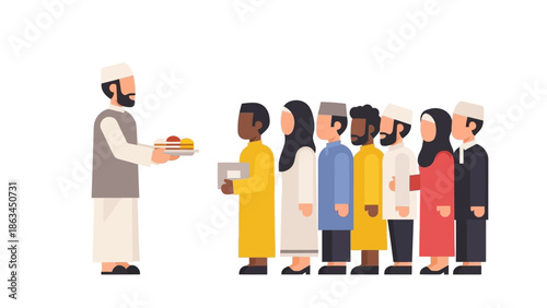 Diverse community members queue to receive charitable gifts and food during the holy month of Ramadan, showcasing unity, generosity, 