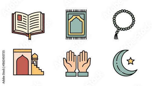 Islamic icons collection for Ramadan, including prayer rug, Quran, prayer beads, mosque, praying hands, and crescent moon for digital use and design projects