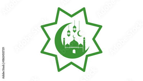 Elegant green Islamic Ramadan symbol featuring a crescent moon and mosque silhouette adorned with lanterns, intricately enclosed within an eight-pointed star design, perfect for spiritual reflection 