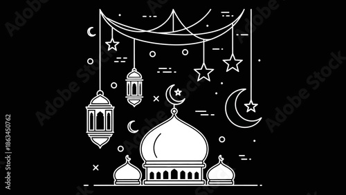 Elegant white line art illustration for Ramadan Kareem depicting a beautiful mosque dome adorned with a crescent moon, stars, and traditional lanterns, 