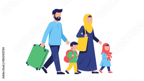 Happy Muslim Family Walking Together with Luggage During Ramadan, Celebrating Eid al-Fitr Holiday and Traveling Together