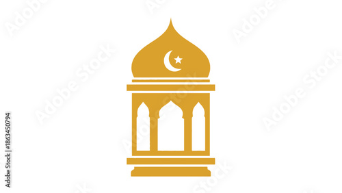 Elegant golden Islamic mosque dome and stylized lantern icon, adorned with a crescent moon and star, beautifully symbolizing sacred celebration, 