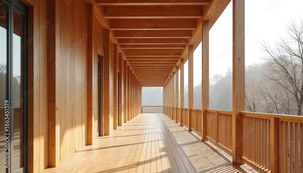 Fototapeta premium Wooden walkway with modern architecture, creating a serene path. Natural light streams through columns and railings. Building facade features large glass windows overlooking landscape.