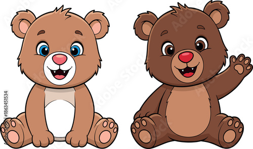 Set of Two Adorable Baby Cartoon Bears Sitting with Wide Eyes, Happy Expressions, and Waving Hello Vector Illustration.