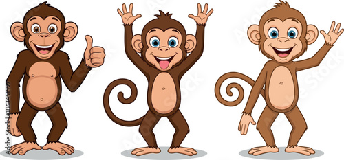 Set of Three Happy Cartoon Monkey Characters Smiling and Waving Vector for Wildlife Mascots, Children's Education, and Jungle Themes.