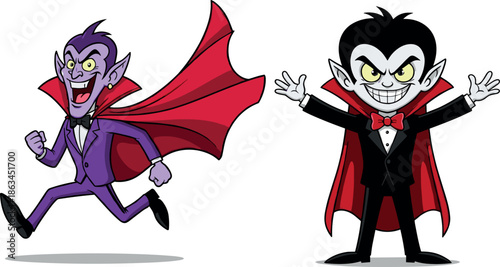 Set of Two Creepy and Smiling Cartoon Vampire Characters in Tuxedos and Red Capes Ready for Halloween or a Horror Theme Vector Illustration.