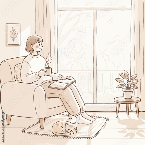 Cozy Woman Reading Book and Drinking Coffee by Window with Sleeping Cat