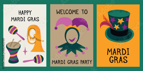 Mardi Gras carnival card collection set illustrations. Masks, beads, crown, music instruments, fleur de lis, cylinder