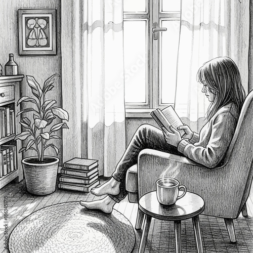 Cozy Scene: Woman Reading Book in Armchair by Window with Hot Drink