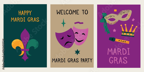 Mardi Gras carnival card 2 collection set illustrations. Masks, beads, crown, music instruments, fleur de lis, cylinder
