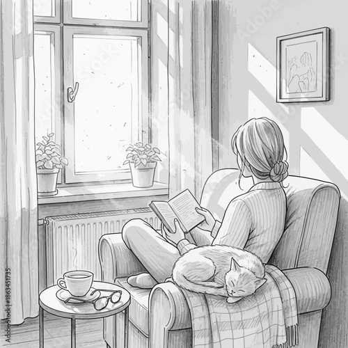 Cozy scene: Woman reading book with sleeping cat by sunny window, cup of tea