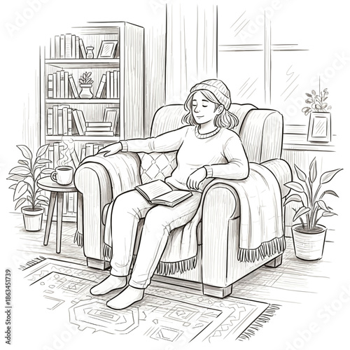 Cozy Woman Reading Book in Armchair with Hot Drink, Relaxing at Home