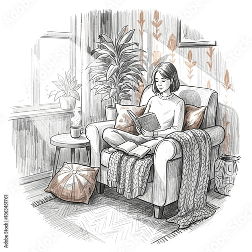 Cozy Woman Reading Book in Armchair, Warm Home Interior, Relaxing Lifestyle, Sunlight Rays