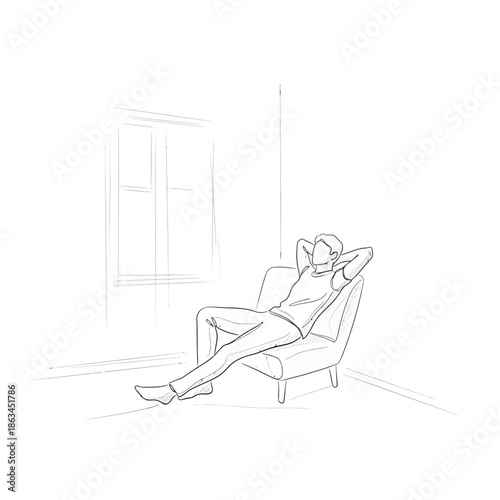 Man Relaxing in Armchair by Window, Minimalist Sketch Style
