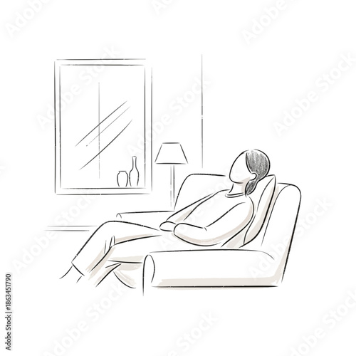 Person relaxing in armchair, minimalist sketch illustration, cozy home interior, peaceful moment