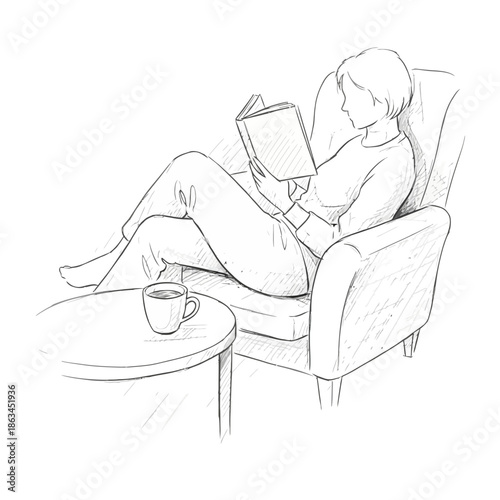 Woman reading book in armchair with coffee, sketch style