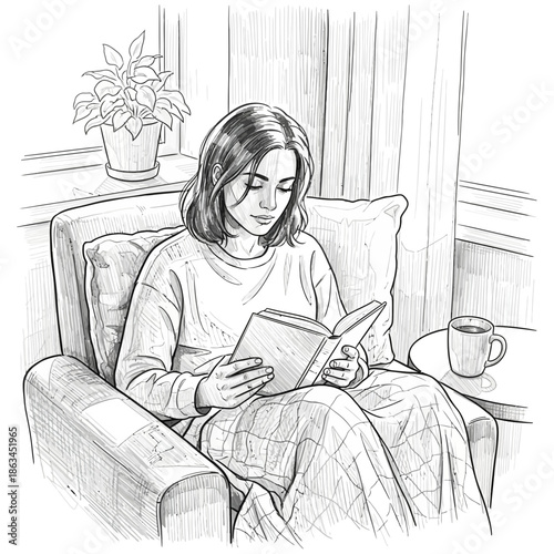Woman reading book in armchair, cozy blanket, cup of coffee, plant, window light