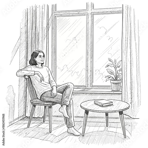 Woman Relaxing by Window, Daydreaming, Sketch Illustration