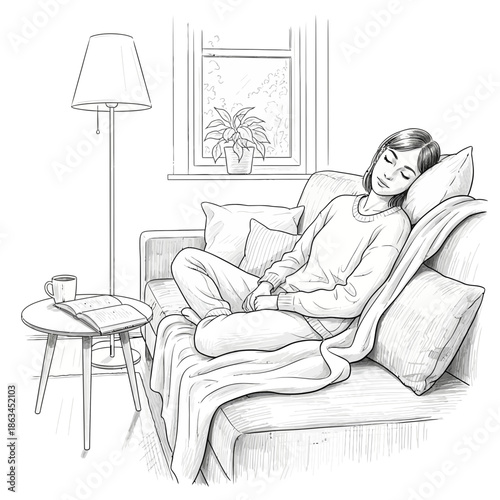 Woman relaxing on sofa, sleeping peacefully, cozy home interior, sketch style