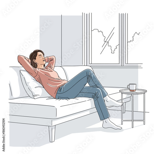 Woman Relaxing on Sofa, Enjoying Quiet Moment by Window with Cup