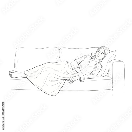 Woman sleeping on sofa, covered with blanket, relaxed pose, resting comfortably, day nap