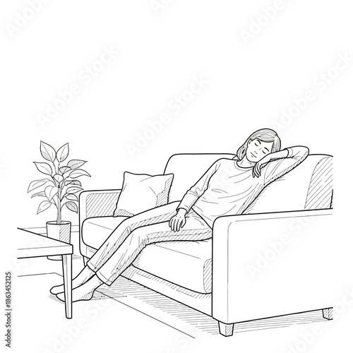 Woman sleeping on sofa, relaxation, rest, comfort, indoor, domestic scene, line drawing