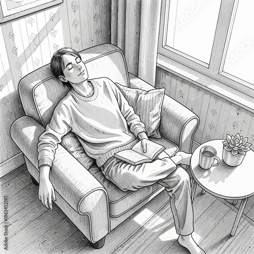 Young man relaxing in armchair, napping with book and coffee, sunlight streaming through window.