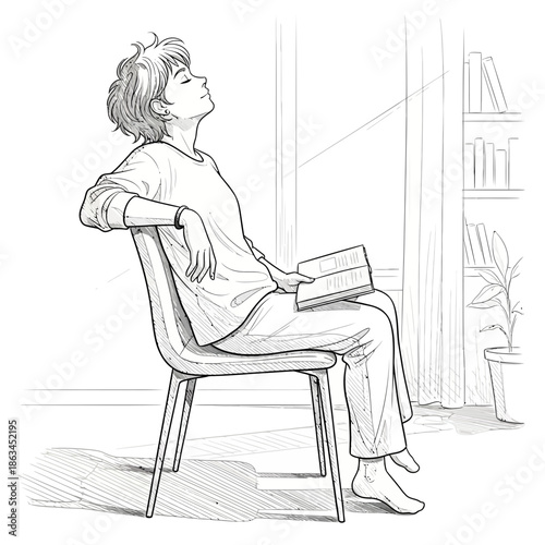 Young woman relaxing with book, enjoying sunlight by the window, peaceful moment