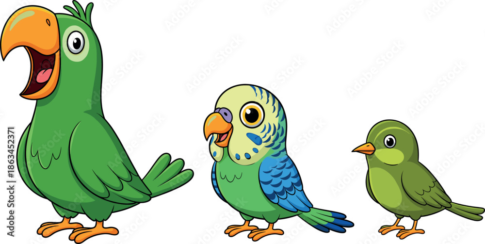 Obraz premium Set of Three Adorable Cartoon Birds: A Large Green Parrot, a Blue and Yellow Budgie, and a Small Green Sparrow Vector Illustration.