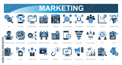 Marketing icon set. SEO, Social Media, Email Marketing, Content Marketing, Branding, Market Research, Lead Generation, Target Audience, Analytics, Conversion Rate. Vector illustration