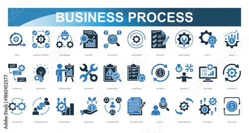 Business Process icon set. Agile, Business Process, Engineering, Analysis, Investigate, Processing, Checklist, Maintenance, Quality, Growth. Vector illustration