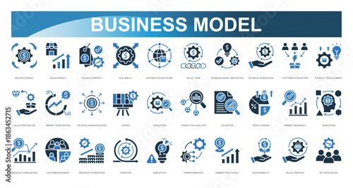 Business Model icon set. Revenue Model, Sales Market, Pricing Strategy, Scalability, Distribution Network, Value Chain, Business Model Innovation, Revenue Generation, Customer Acquisition, Product Dev