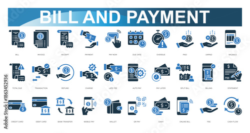 Bill and Payment Icon set. Vector illustration. Bill, Invoice, Receipt, Payment, Pay Now, Due Date, Overdue, Paid, Unpaid, Balance. Vector illustration