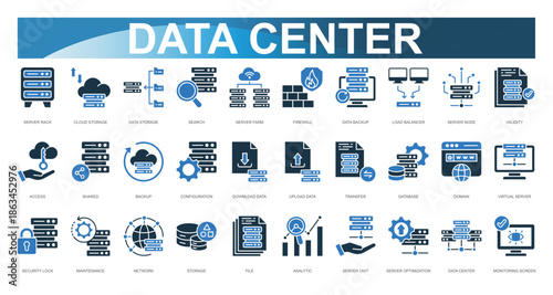 Data Center Icon set. Vector illustration. Server Rack, Cloud Storage, Data Storage, Search, Server Farm, Firewall, Data Backup, Load Balancer, Server Node, Validity. Vector illustration