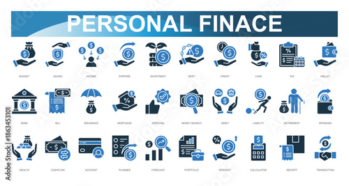 Personal Finance Icon set. Vector illustration. Budget, Saving, Income, Expense, Investment, Debt, Credit, Loan, Tax, Wallet. Vector illustration