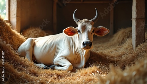 Indian Brahmin zebu cow rests in sunlit cowshed, surrounded by hay. This gentle farm animal appears calm and content. Rural, traditional, domestic mammal in its barn. Peaceful zebu cow.