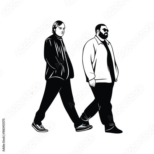 Black and white illustration of a man walking in a vintage ink style vector