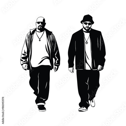 Black and white illustration of a man walking in a vintage ink style vector