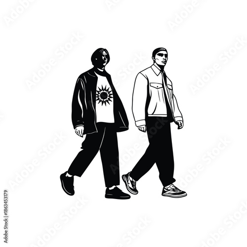 Black and white illustration of a man walking in a vintage ink style vector