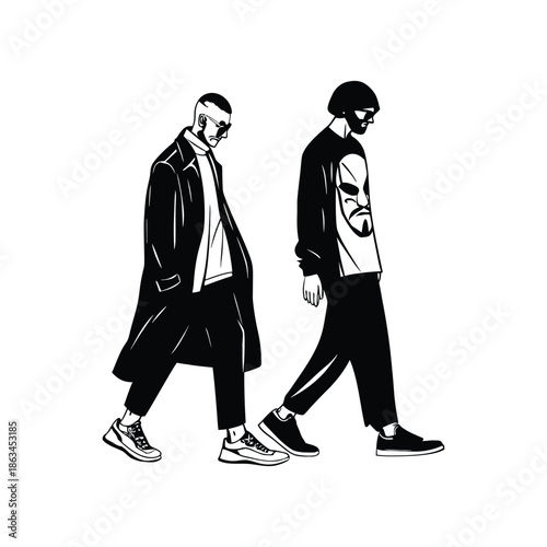 Black and white illustration of a man walking in a vintage ink style vector