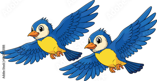 Two Cute Cartoon Blue Bird Characters with Cream Faces and Yellow Chests, Happy Flying Songbird Mascot Vector Illustration Set.