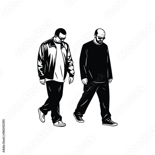 Black and white illustration of a man walking in a vintage ink style vector