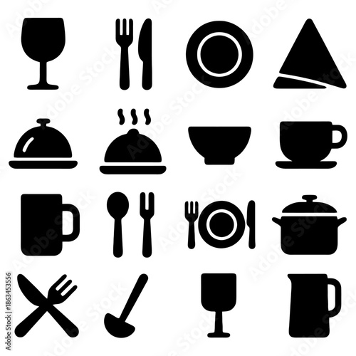 Culinary Essentials: A graphic arrangement showcases various dining elements, including utensils, dishware, and drinkware, embodying the essentials of culinary art. 