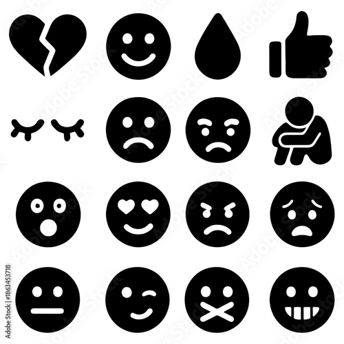 Emotional Spectrum: A comprehensive collection of minimalistic emoji icons representing various emotional states. The graphic elements serve as versatile visual cues for feelings.