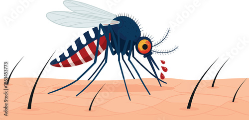 Stylized Cartoon Mosquito Biting Human Skin with Blood Drops, Healthcare Infographic for Malaria and Virus Prevention Awareness.